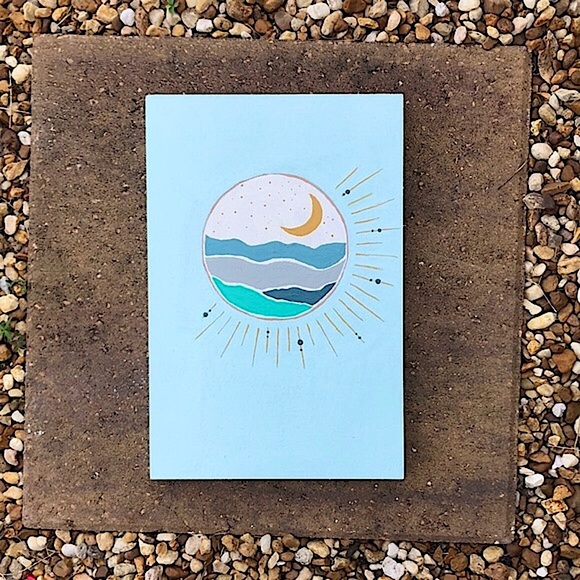🌙🌊 Boho Original Wall Art - “Moonlit Ocean” - On 11.5” x 8” Wood. - Picture 4 of 5